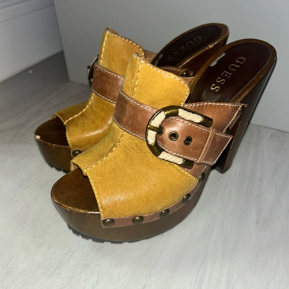 Guess Tan and Brown High-Heeled Mules with Buckle